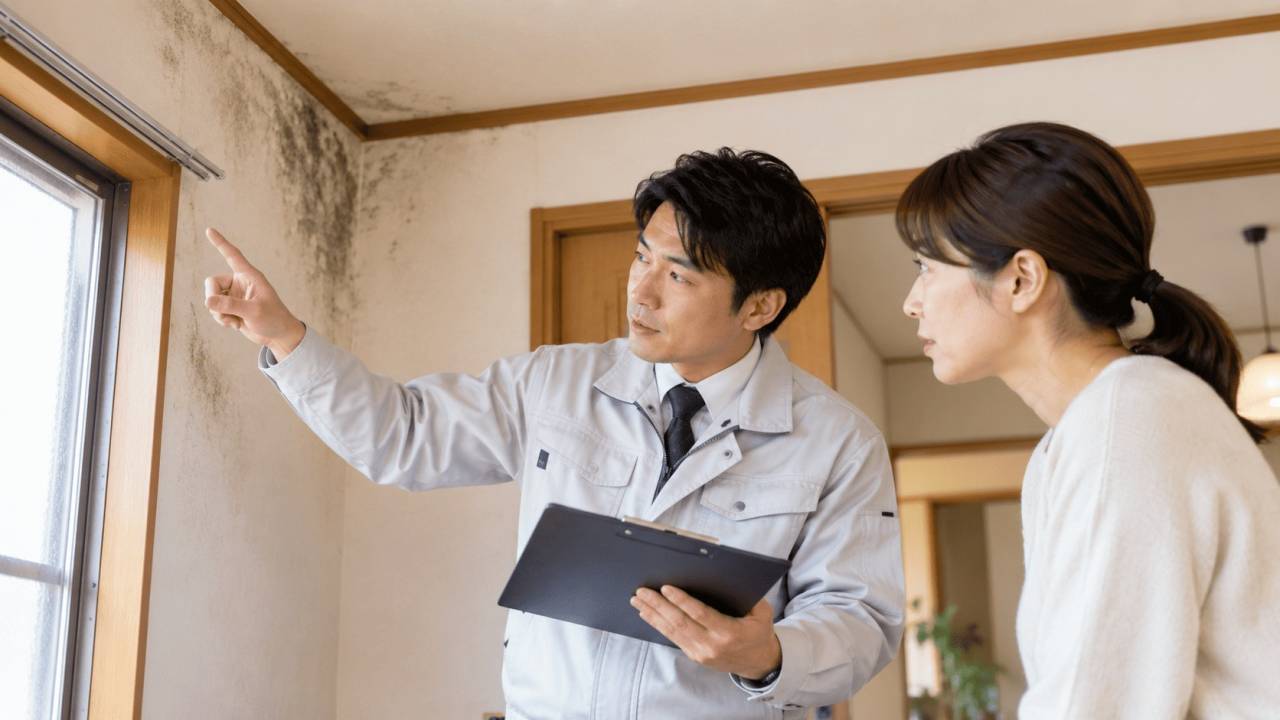 カビ取り業者が住宅の状態を説明している様子