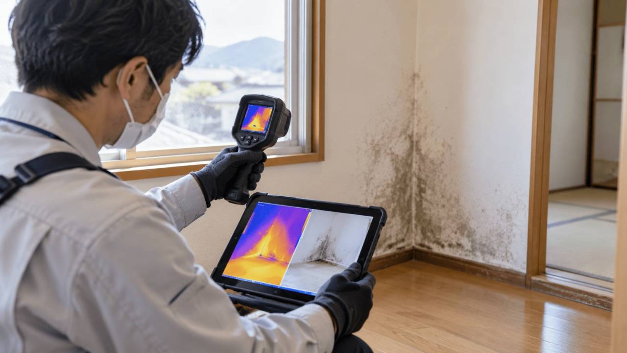 デジタル機器を活用して住宅のカビを調査する様子