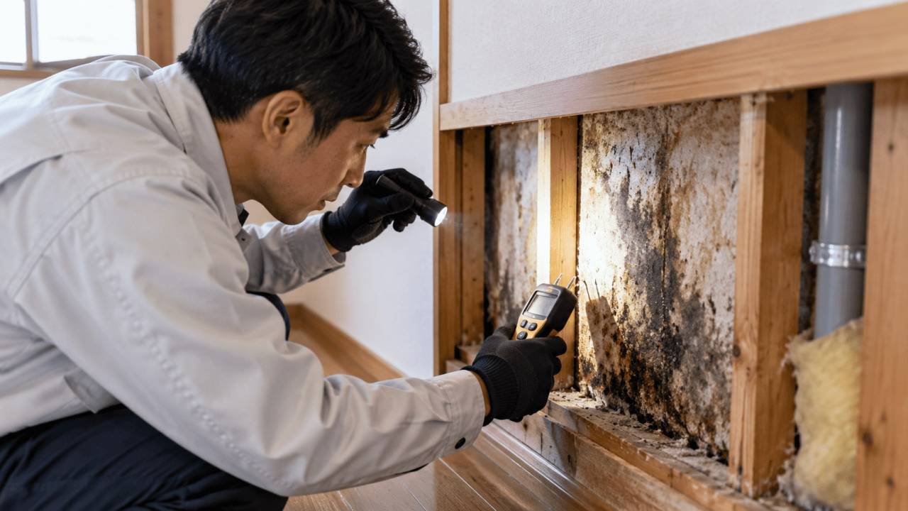 壁内部のカビと水分状態を調査する専門スタッフ