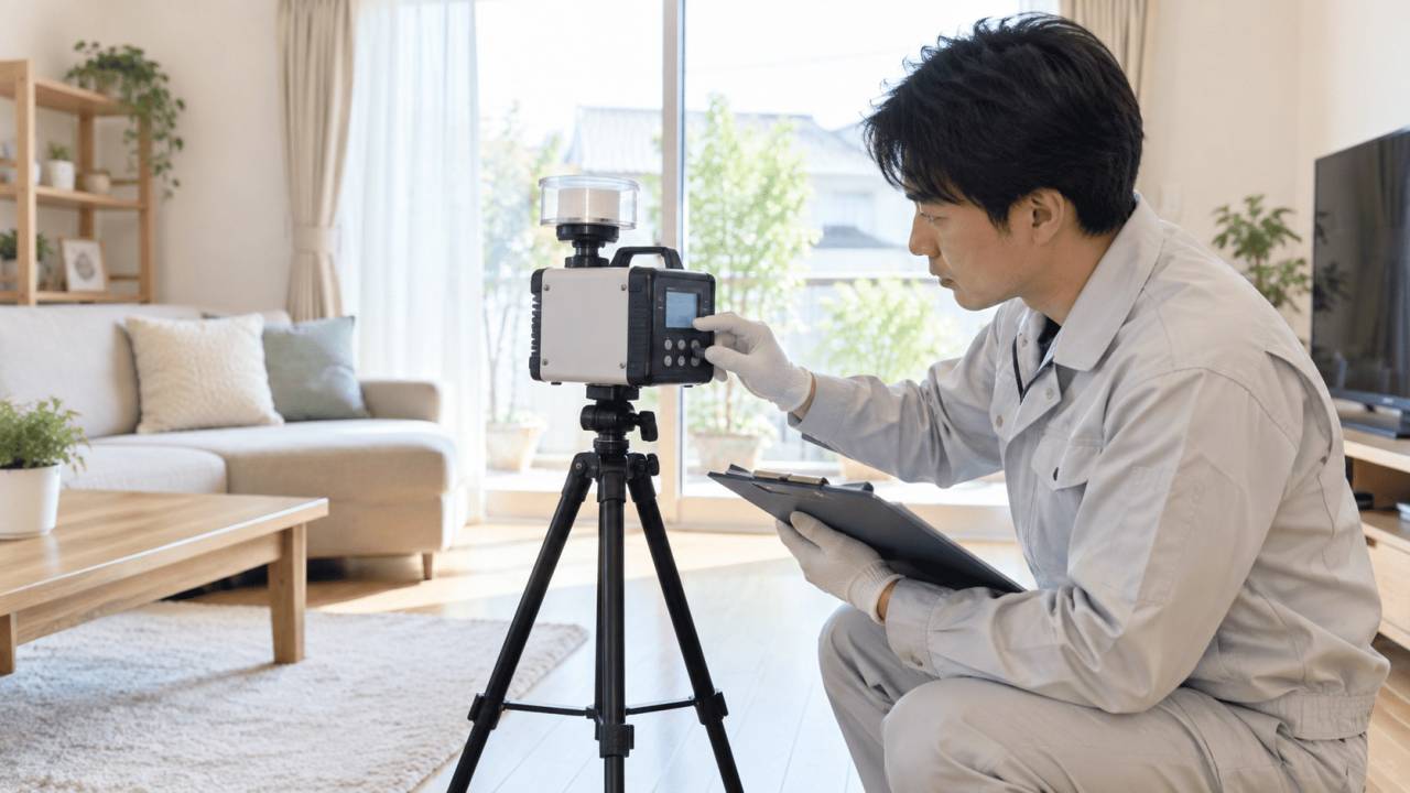住宅室内で空気中のカビを測定する専門スタッフ