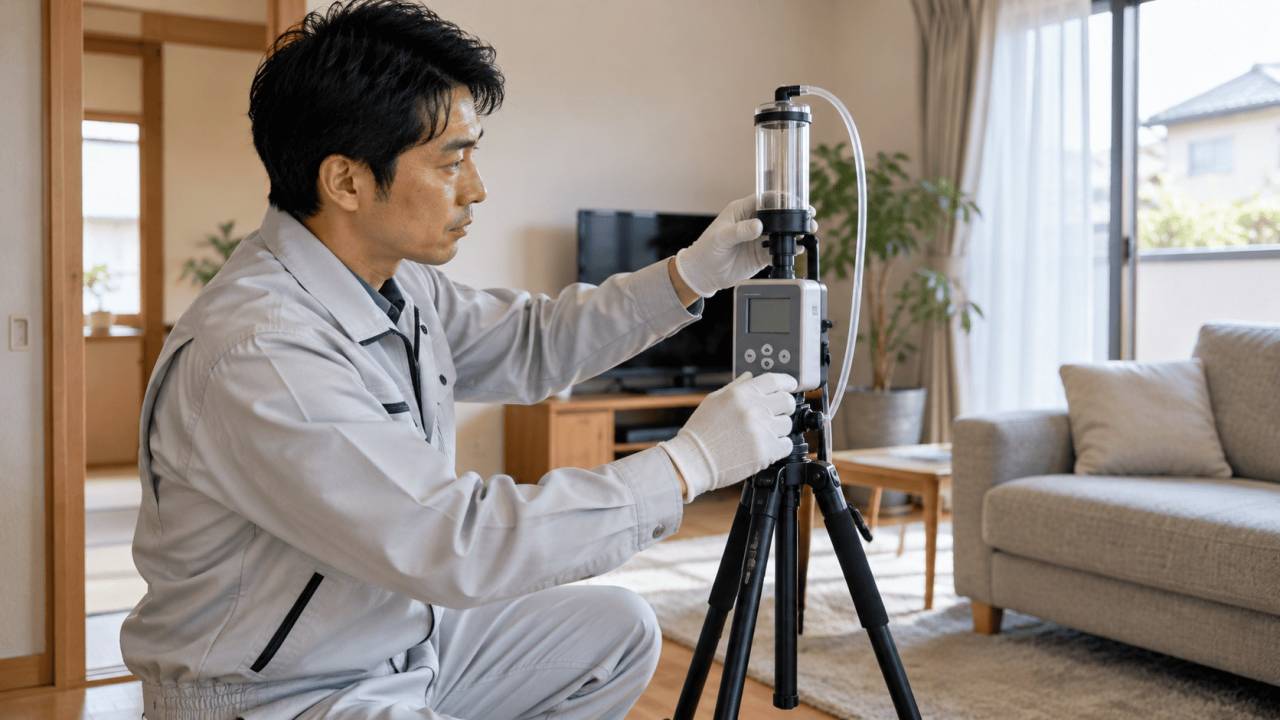 住宅で空気中のカビ測定機器を設置する専門スタッフ