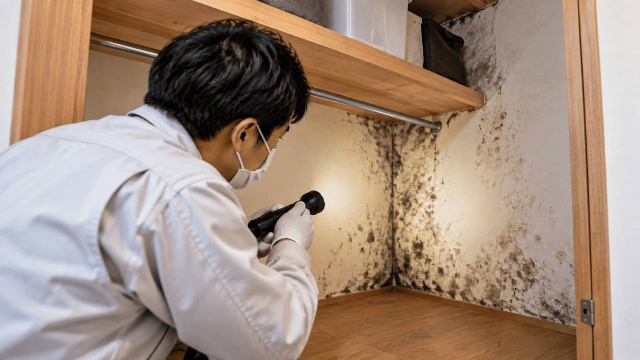 収納内部に発生したカビを調査する専門スタッフ