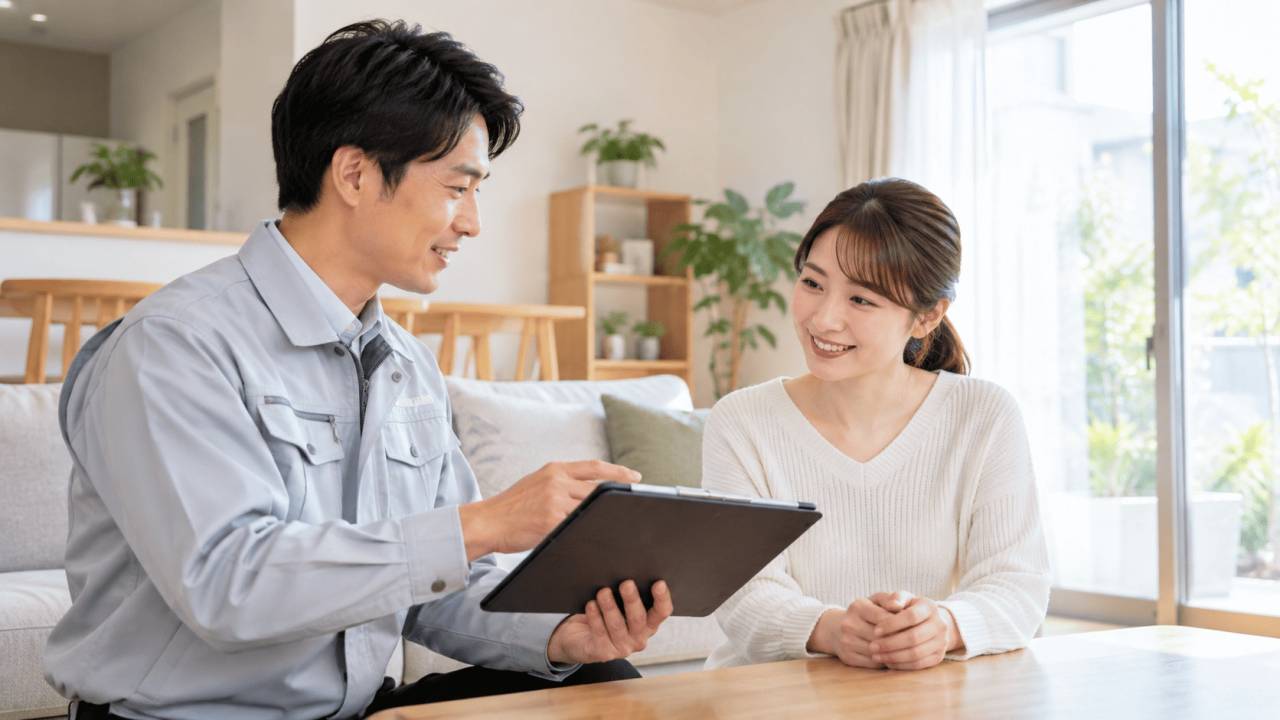 カビ調査結果について住宅で説明する専門スタッフ