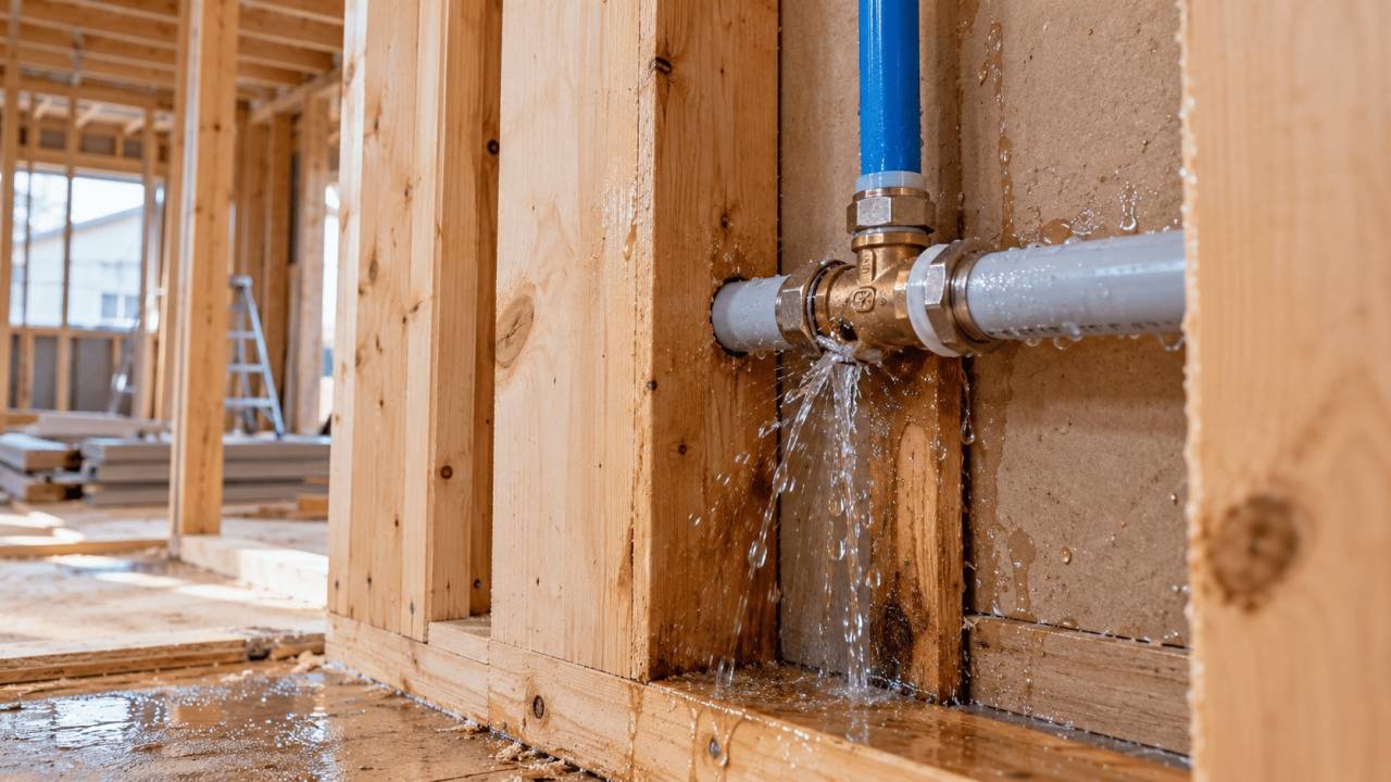 建築中の新築住宅で配管から漏水している様子