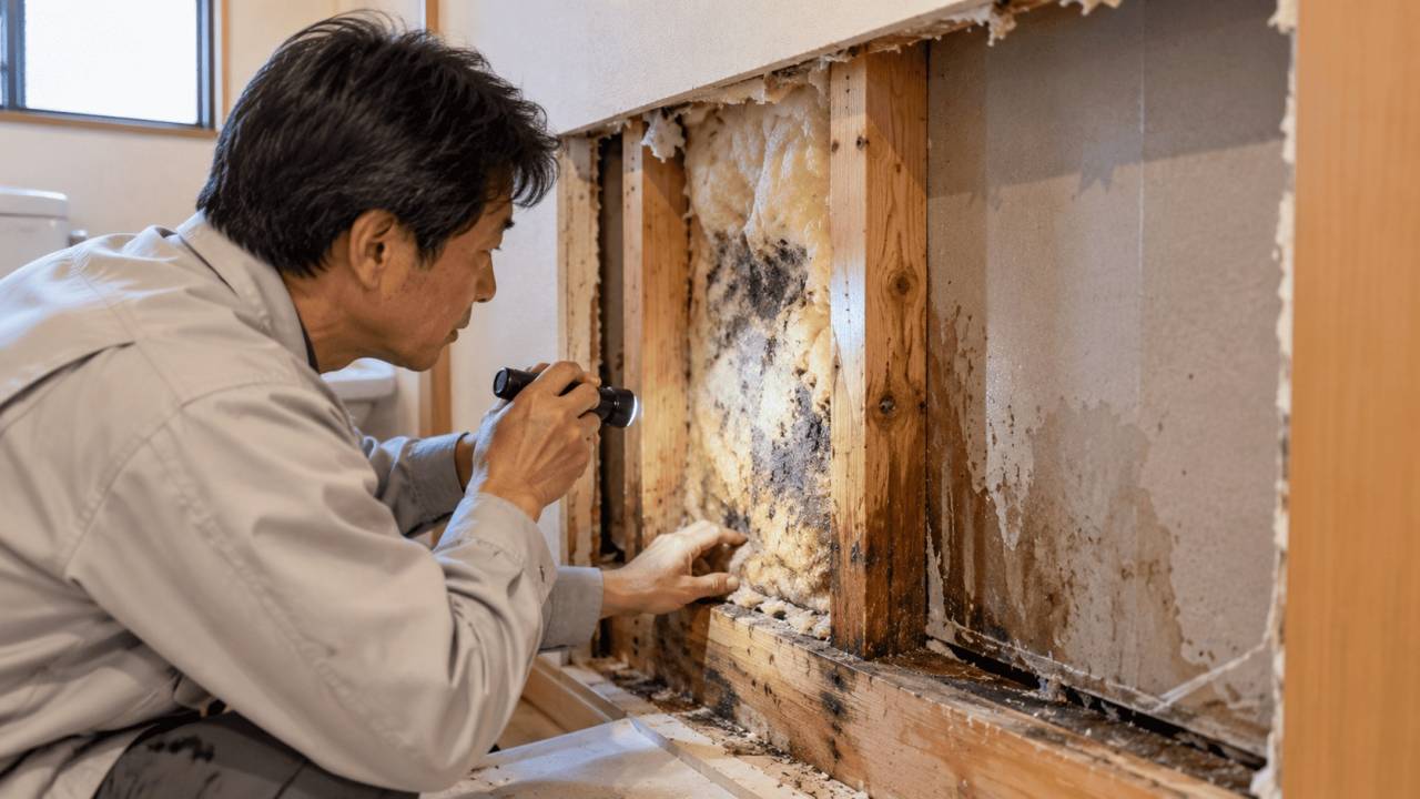 漏水後に壁内の断熱材と下地を確認している様子
