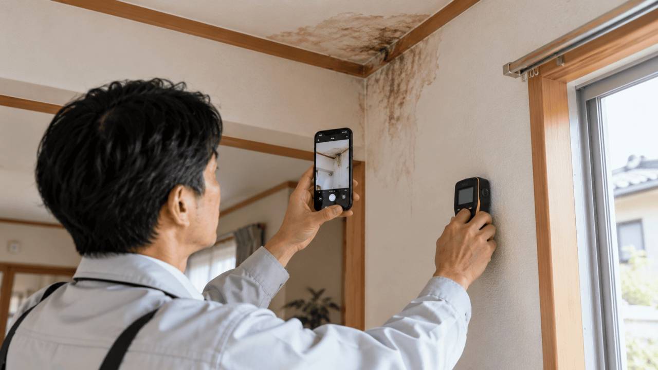 住宅の水漏れ箇所をスマートフォンと測定器で確認する様子