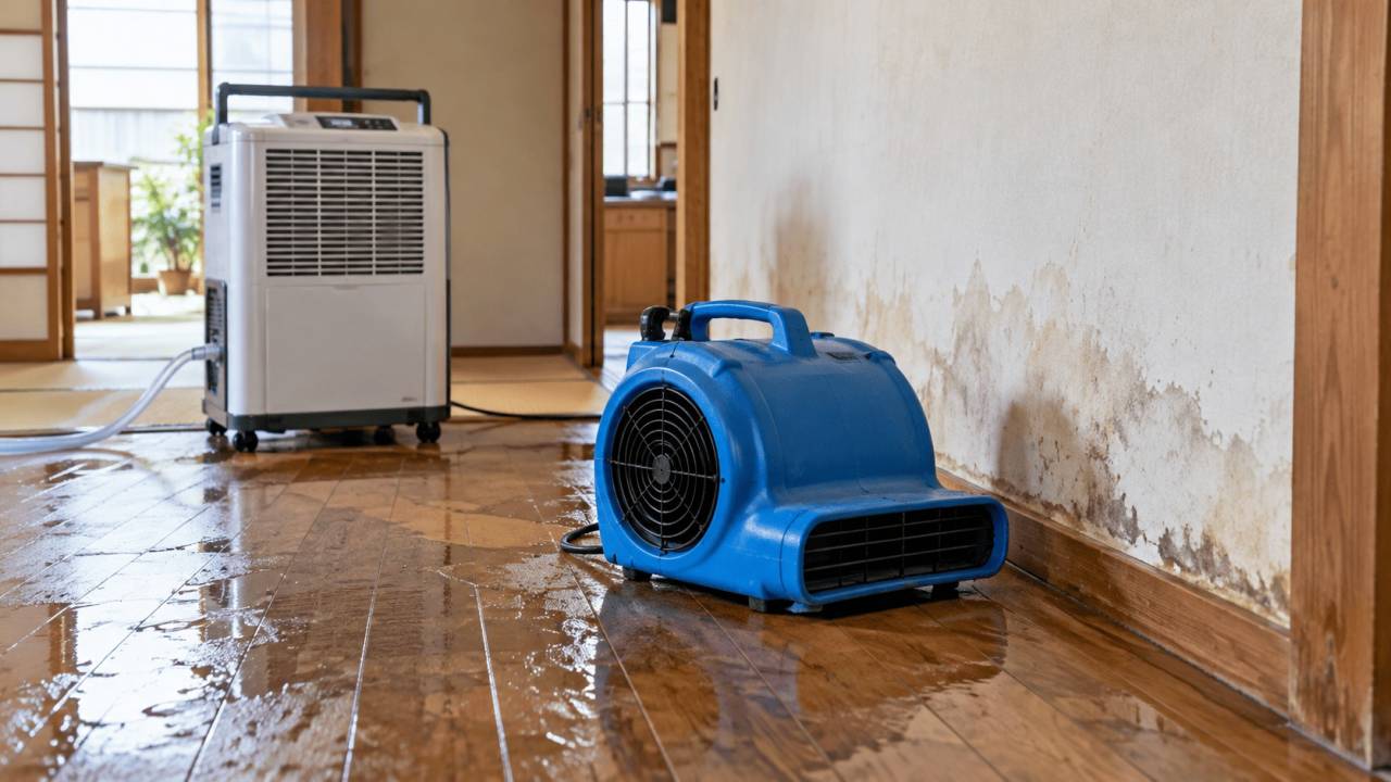 漏水した住宅を送風機と除湿機で乾燥している様子