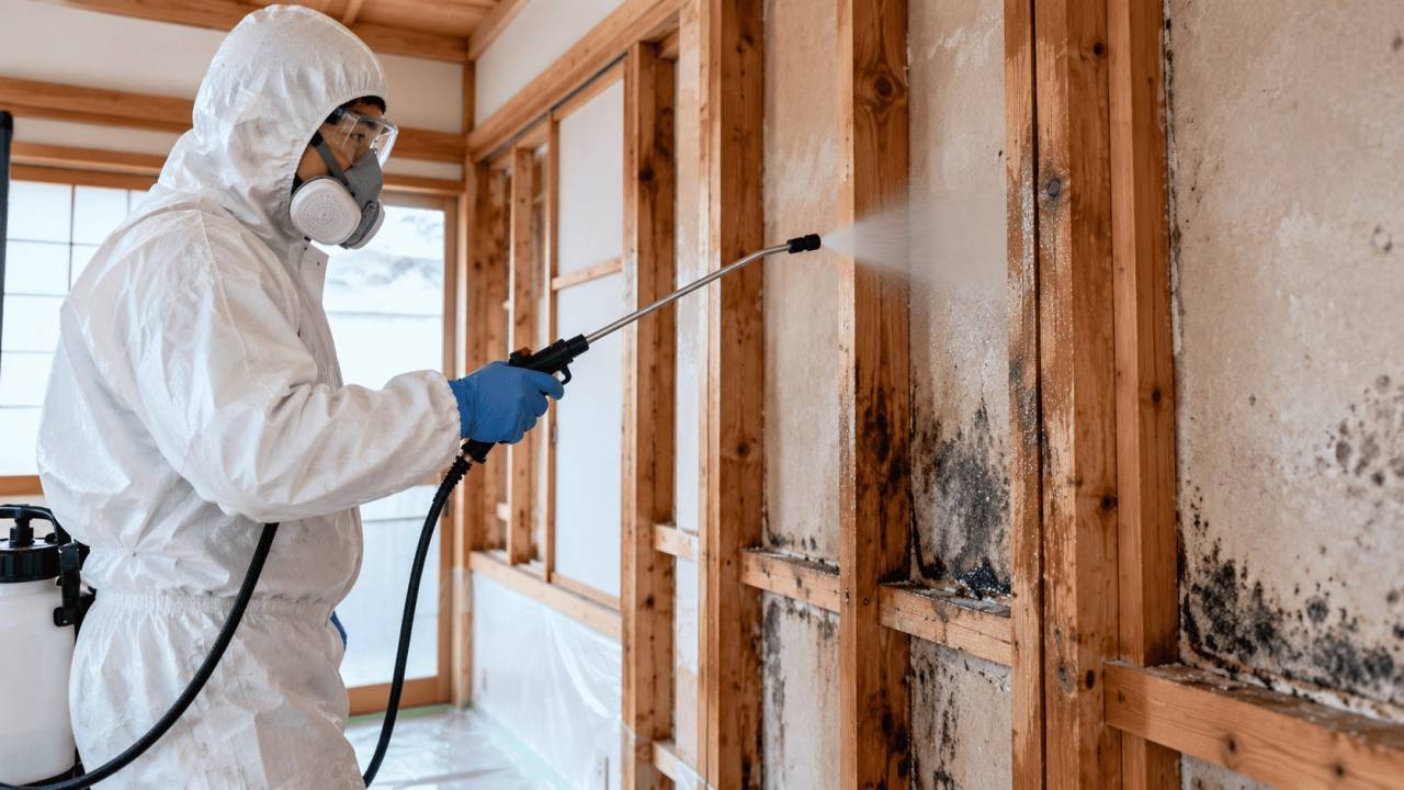漏水後の木造住宅で専門スタッフがカビ処理を行う様子