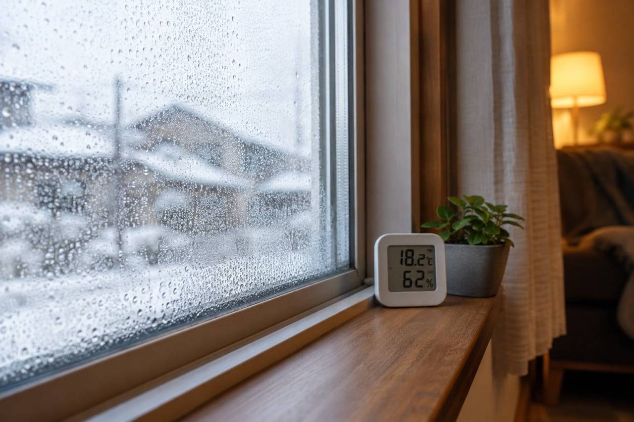 窓の水滴と室内の温湿度を合わせて確認します。