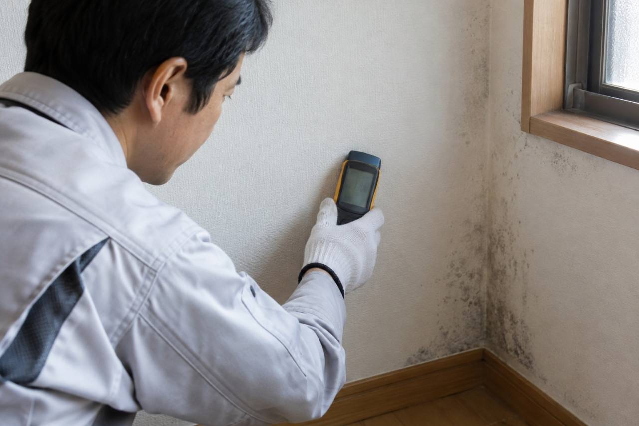 再発する壁の湿りを調べ、原因の候補を切り分けます。