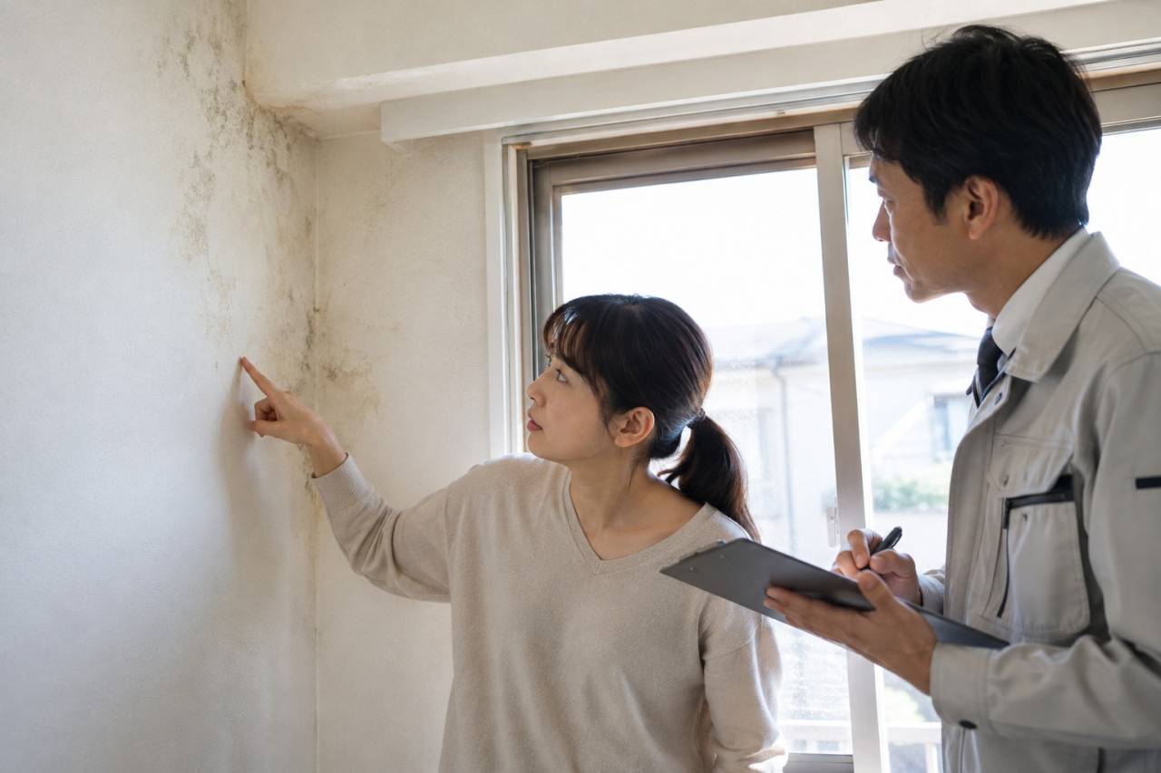 カビが出た場所と水分の状態を確認し、必要な調査を相談します。