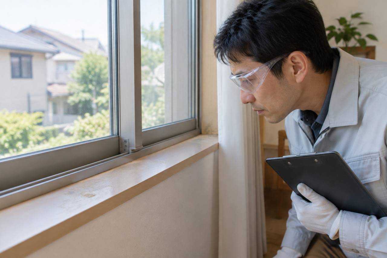 窓まわりのしみを観察し、結露や水分の履歴を確認します。