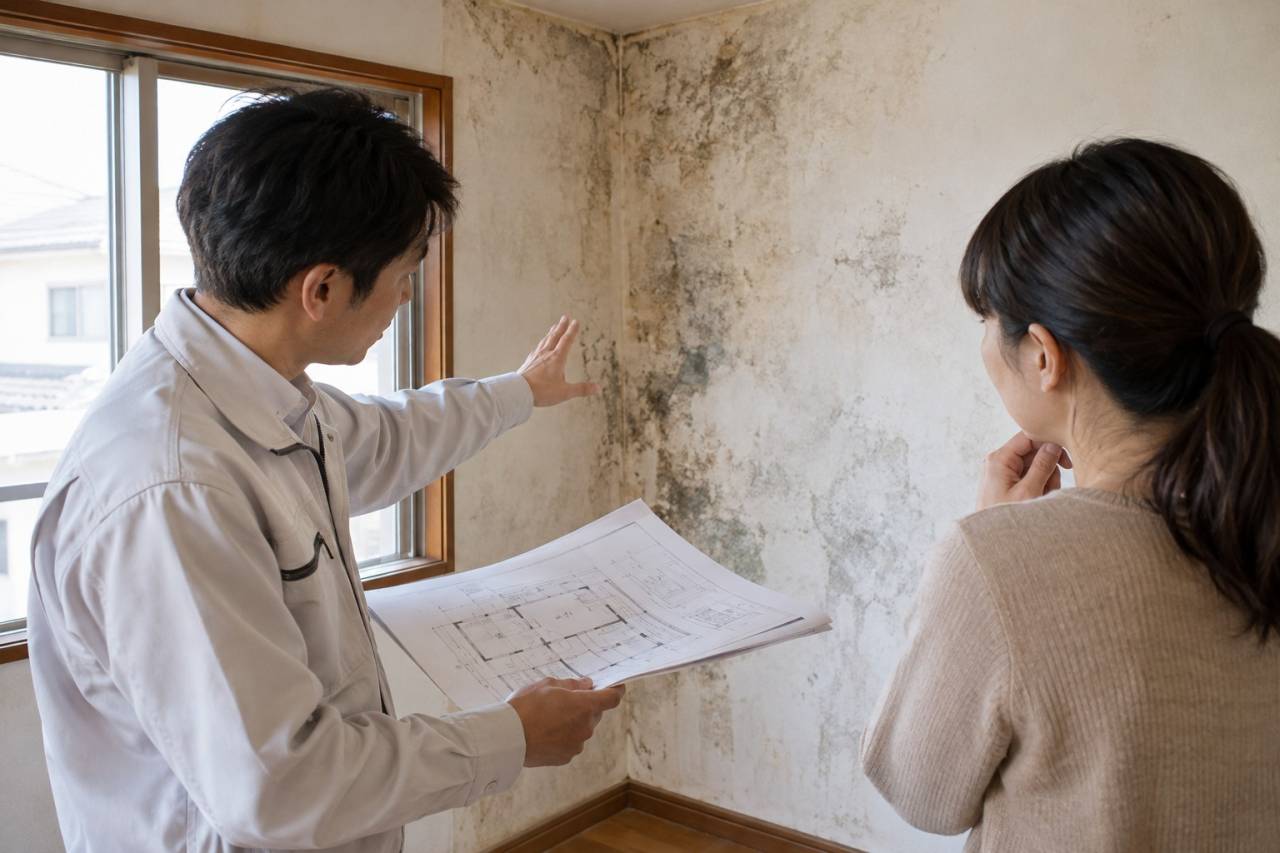除カビだけでなく原因補修と乾燥、復旧の工程を確認します。