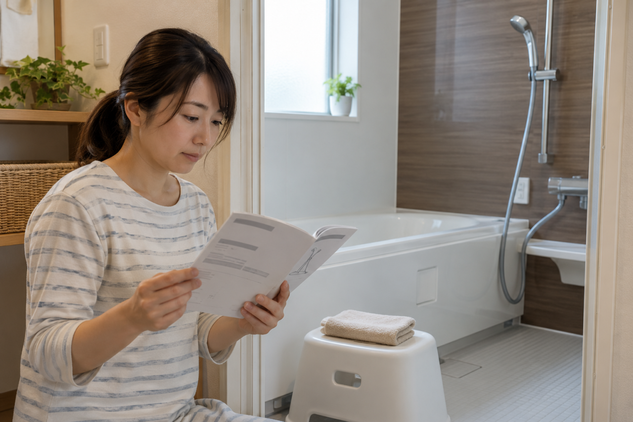 浴室の乾いた場所で説明書を読む人