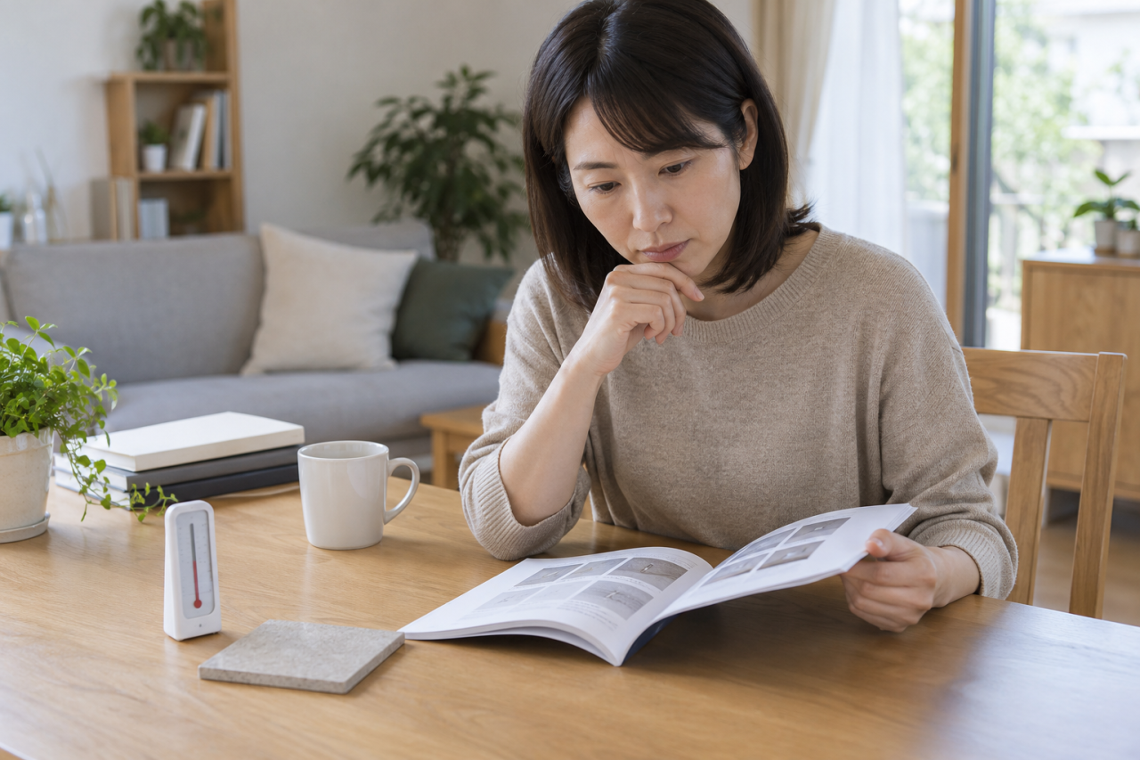 家庭の机で資料と素材を見比べ処理条件を確認する人