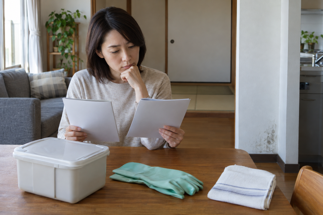 手入れの資料と保護具を確認する人