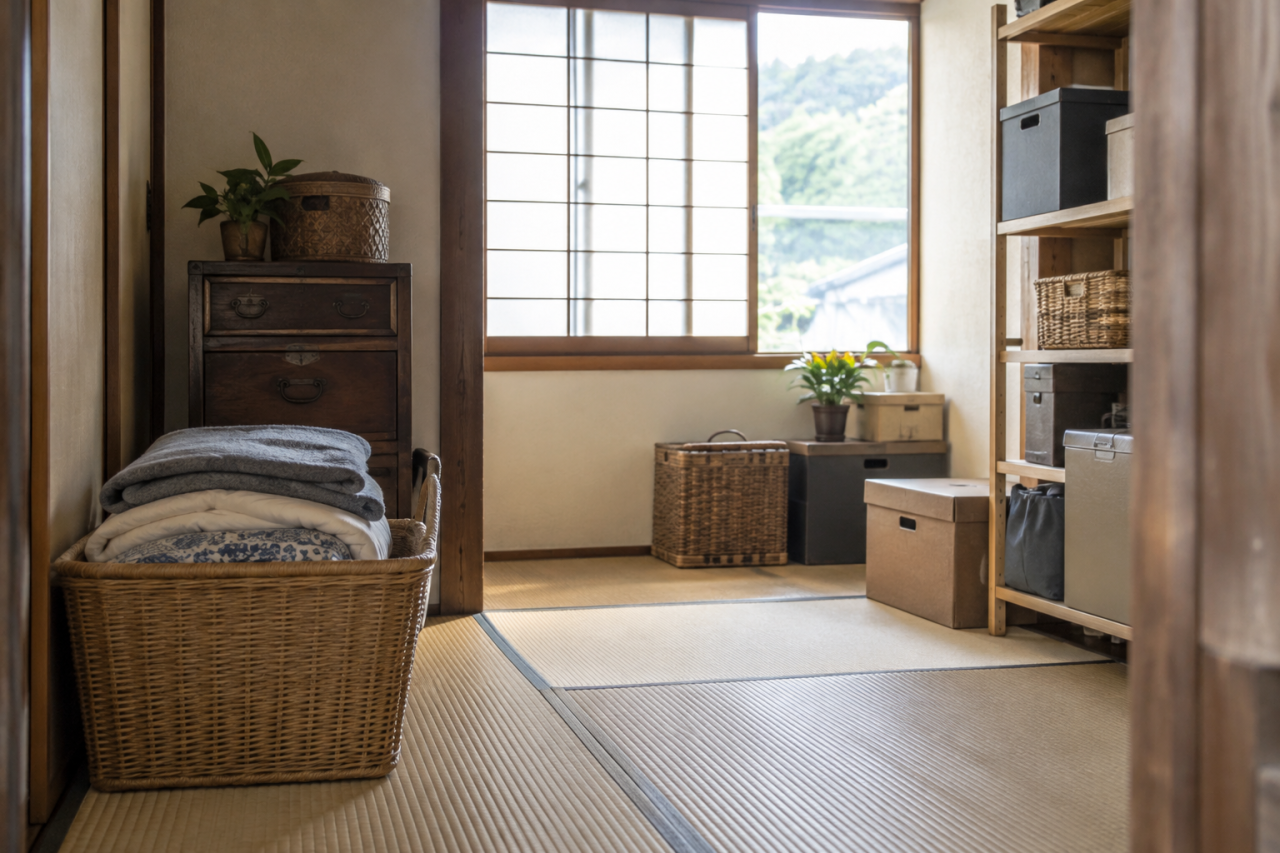 寝具や家具を通路を空けて分類した部屋