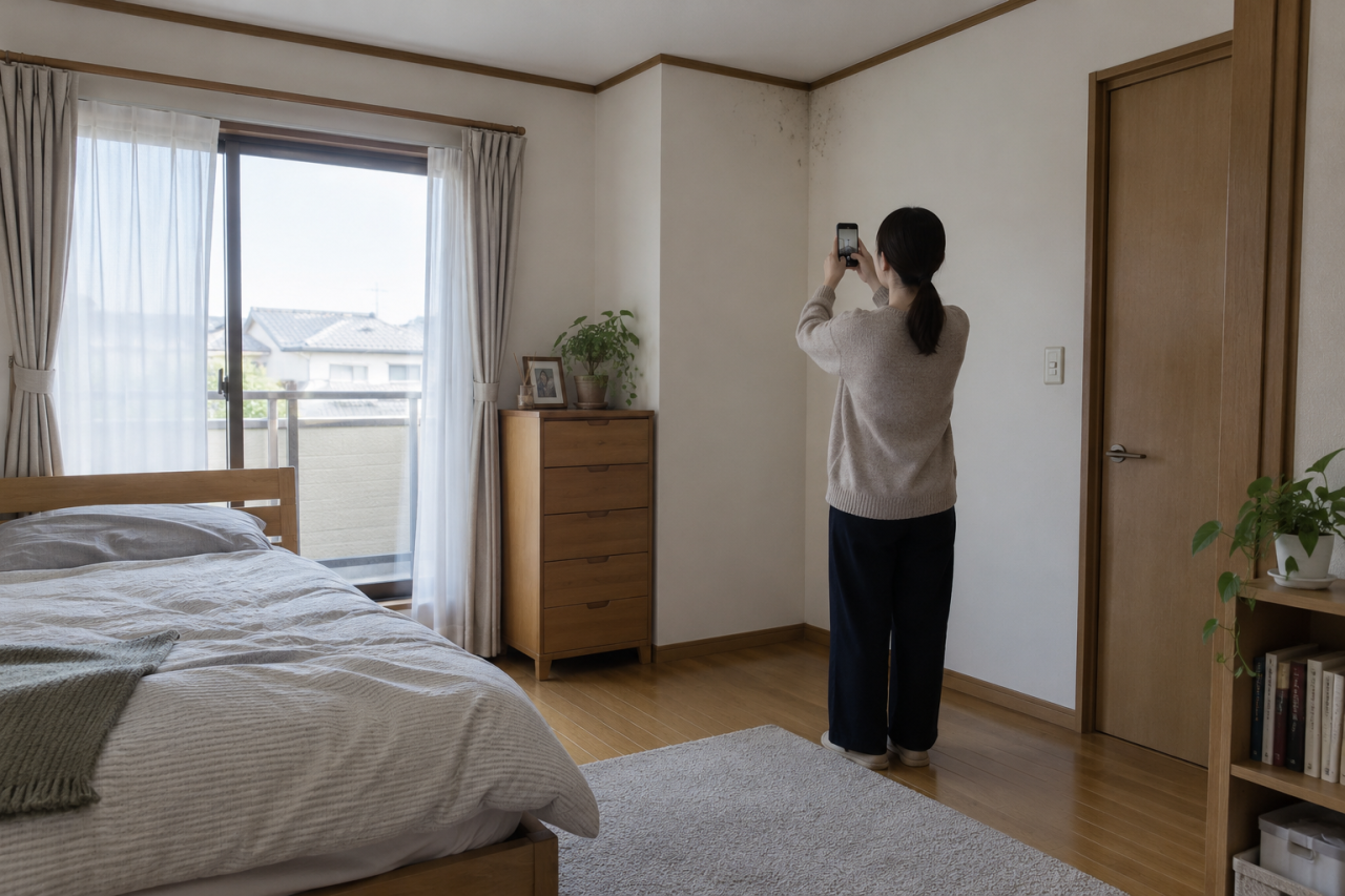 部屋の壁際の状態を離れて撮影する住人