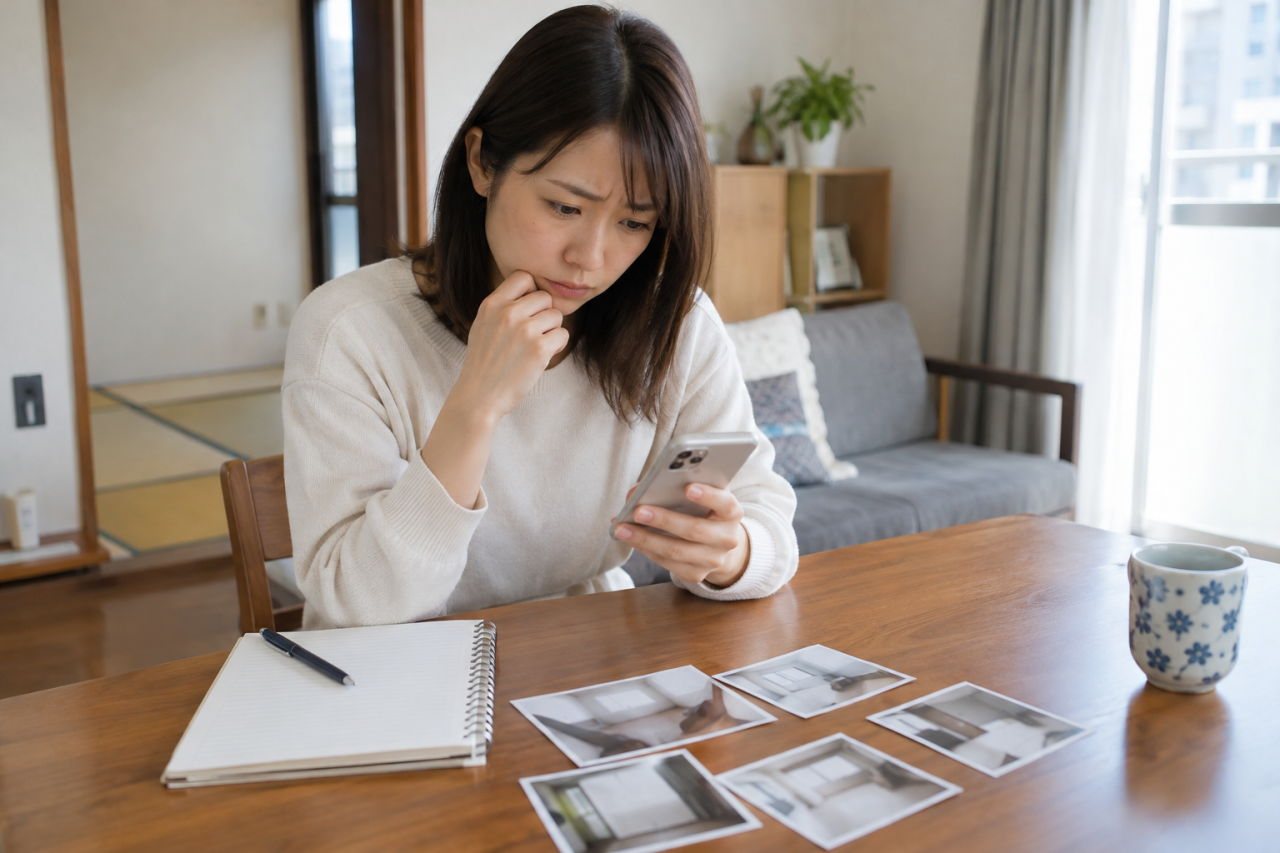 部屋の写真とメモを用意して電話連絡を準備する住人