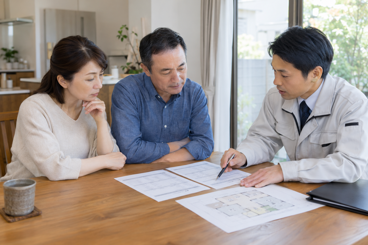 住人と担当者が見積書と間取りを確認する机