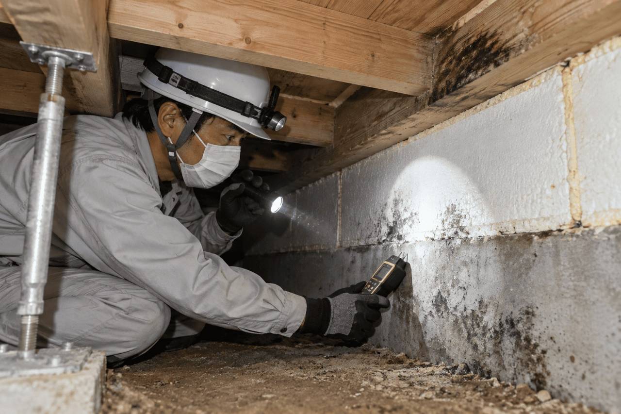 基礎断熱住宅の床下でカビと湿気を調査する専門スタッフ