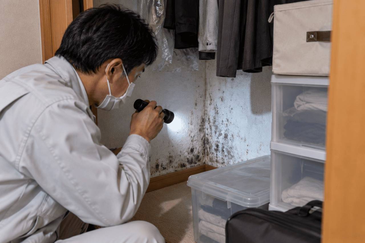 押入れや収納内部に発生したカビを確認する専門スタッフ