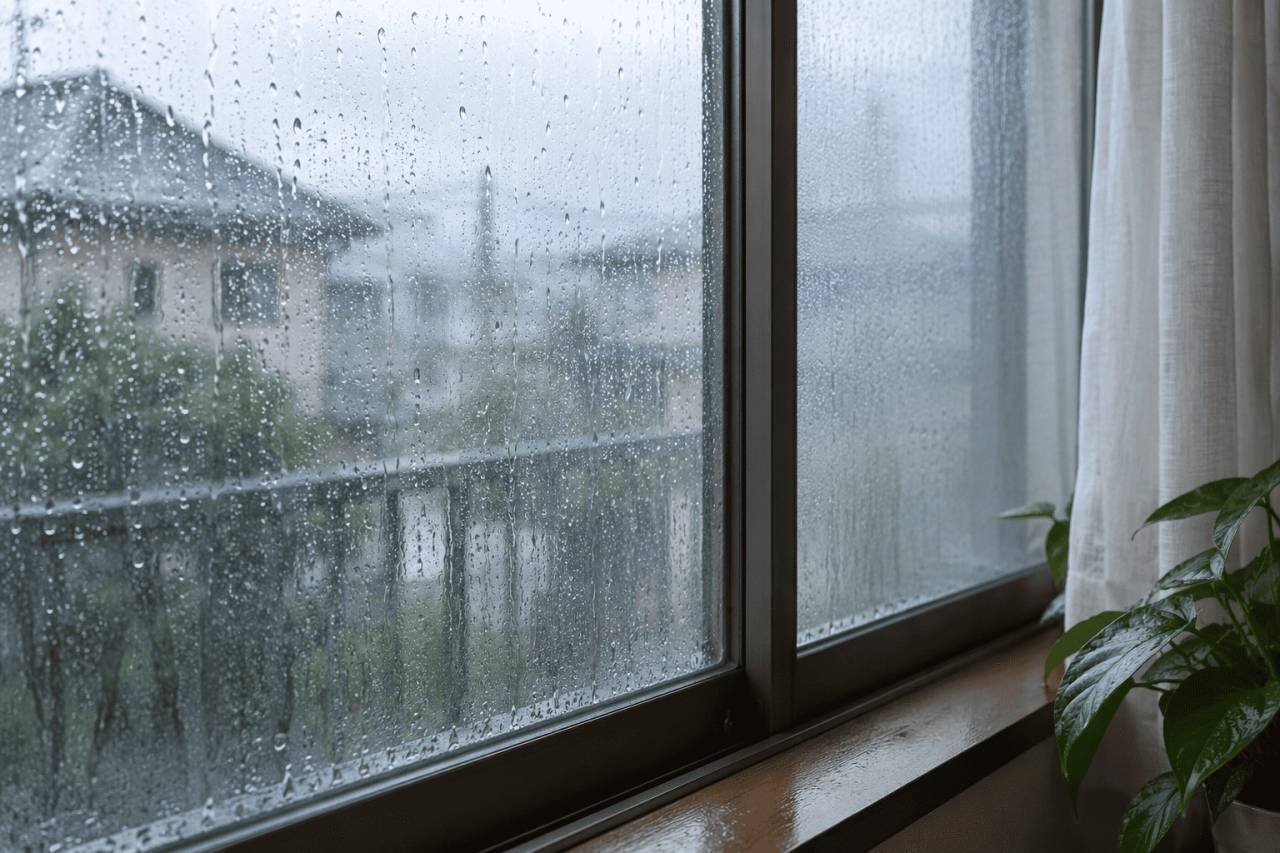 梅雨や高湿度時に結露した住宅の窓