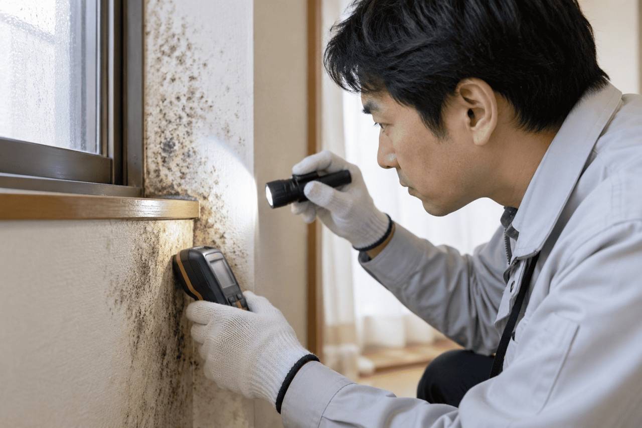 カビが発生した壁を測定機器で調査する専門スタッフ