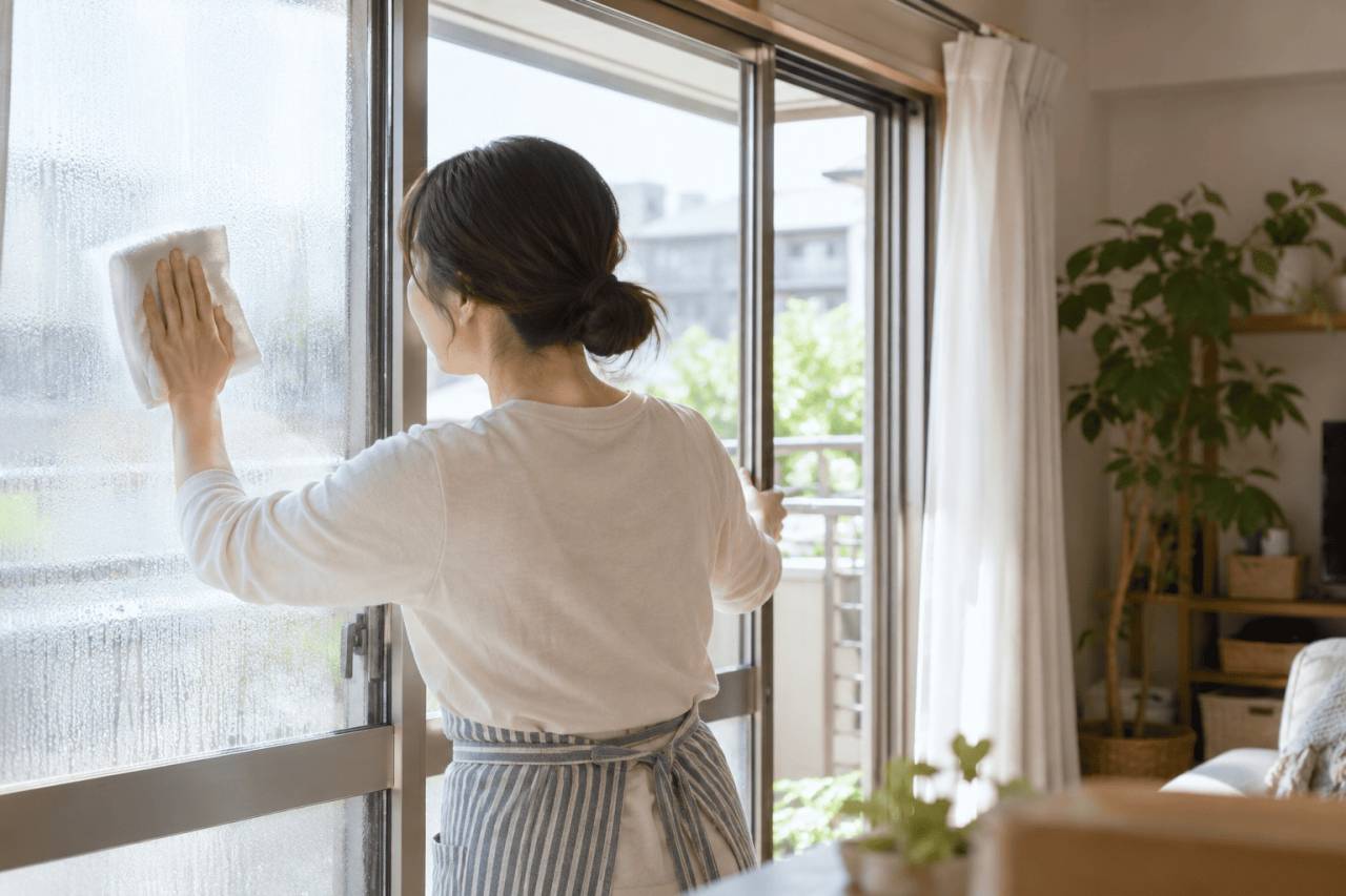 住宅の窓を拭き換気を行うカビ予防