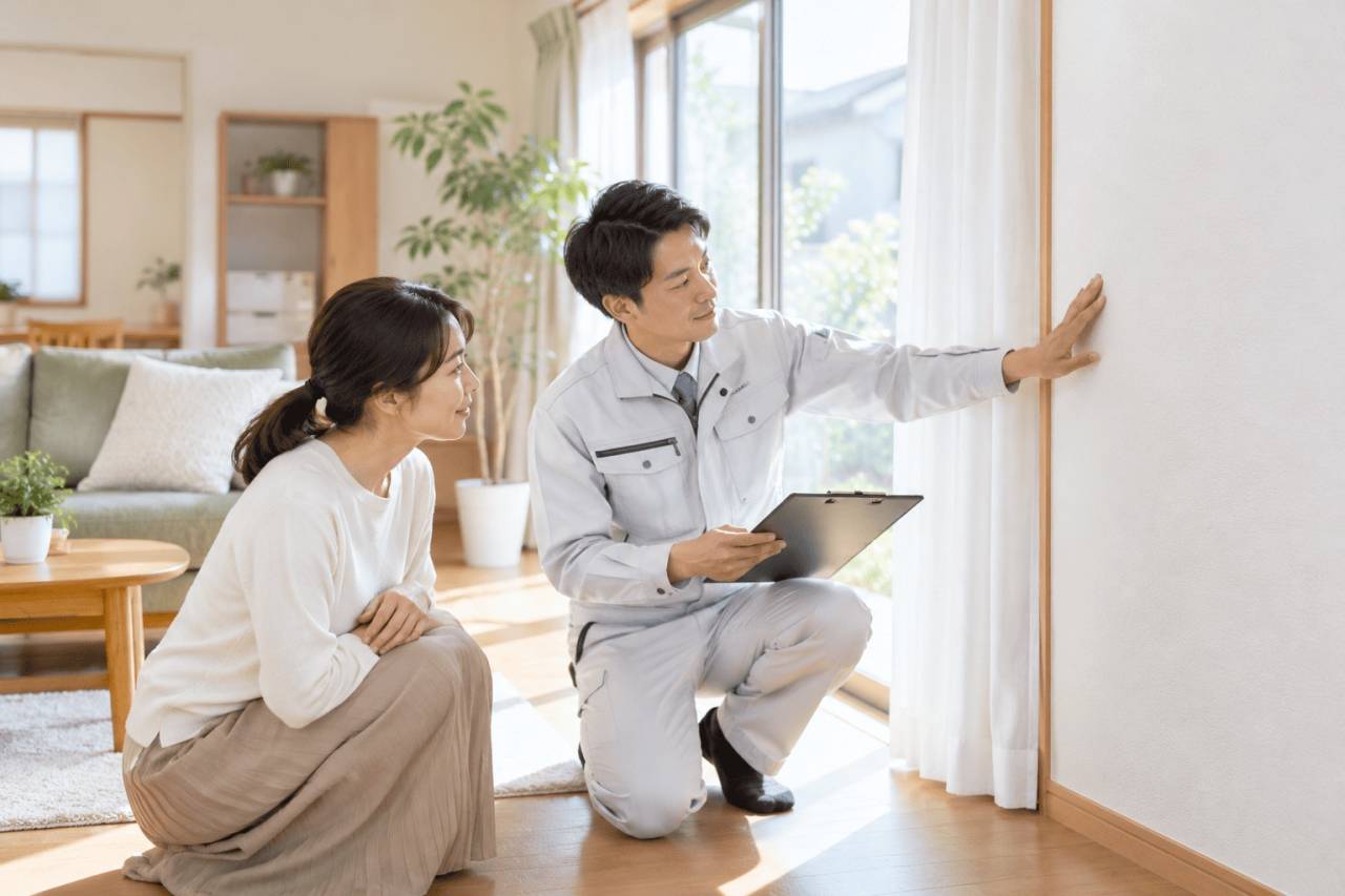 カビ対策後の住宅を専門スタッフと確認する様子