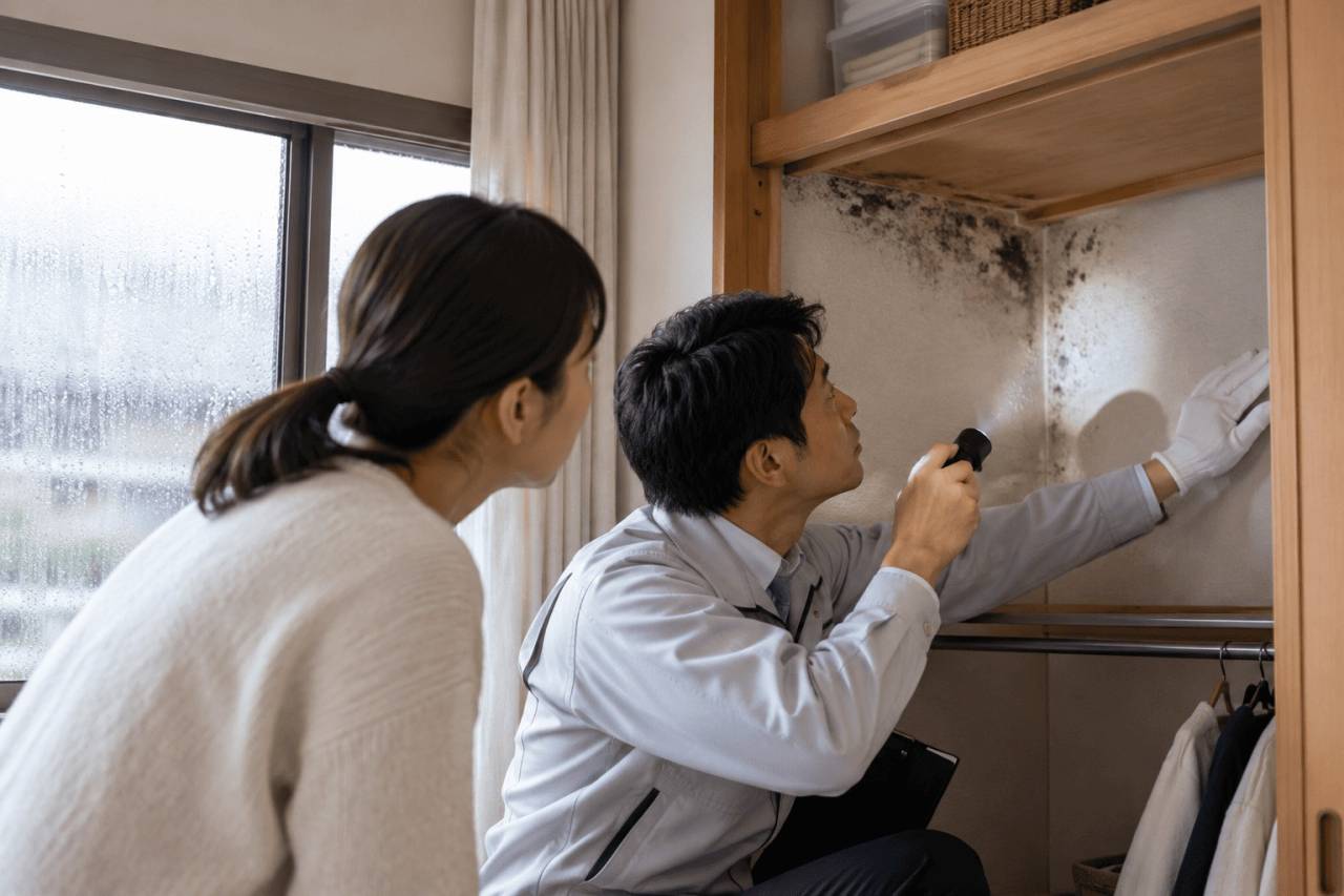住宅の収納内部に発生したカビを専門スタッフが点検する様子