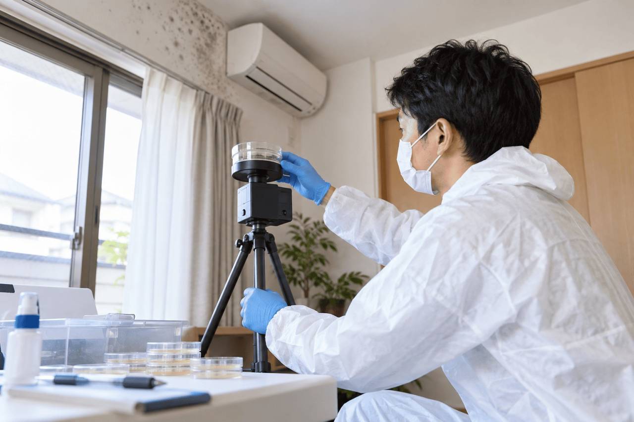 住宅内で空気中の真菌やカビを検査する専門スタッフ