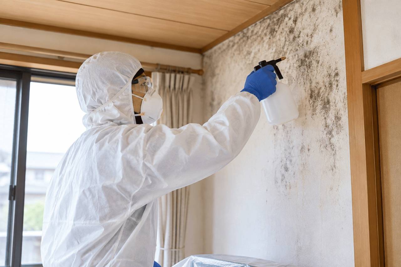防護服を着用した専門スタッフによる住宅のカビ除去施工