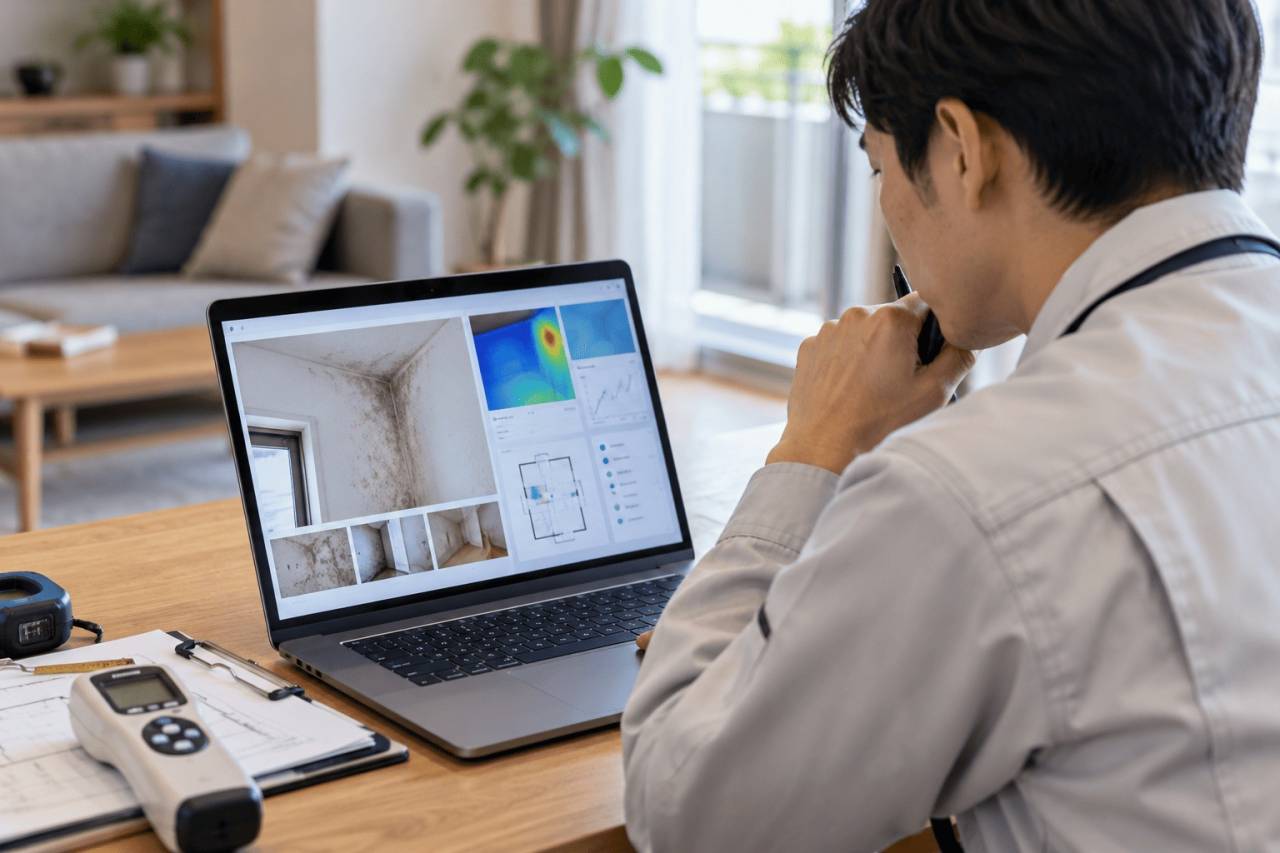 AIも活用しながら住宅のカビや湿度データを分析する専門スタッフ