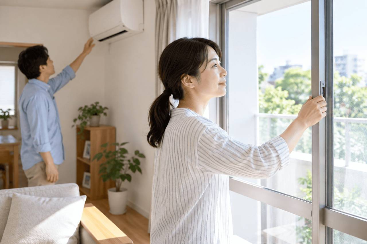 自宅に戻る前に換気やエアコンなど室内環境を確認する家族
