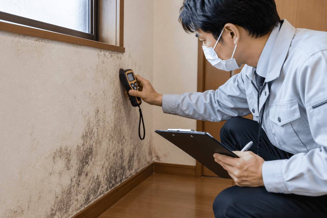カビが発生した壁を含水率測定器で調査する専門スタッフ