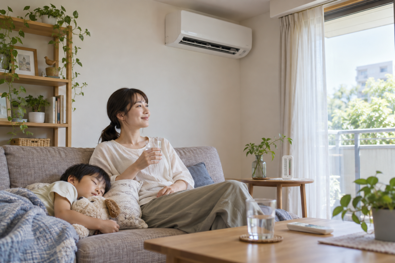 エアコンを使う居間で過ごす親子と温度計