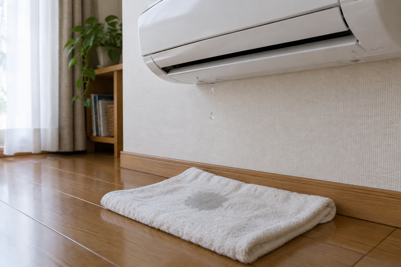 エアコンの下部から落ちる水滴と床のタオル