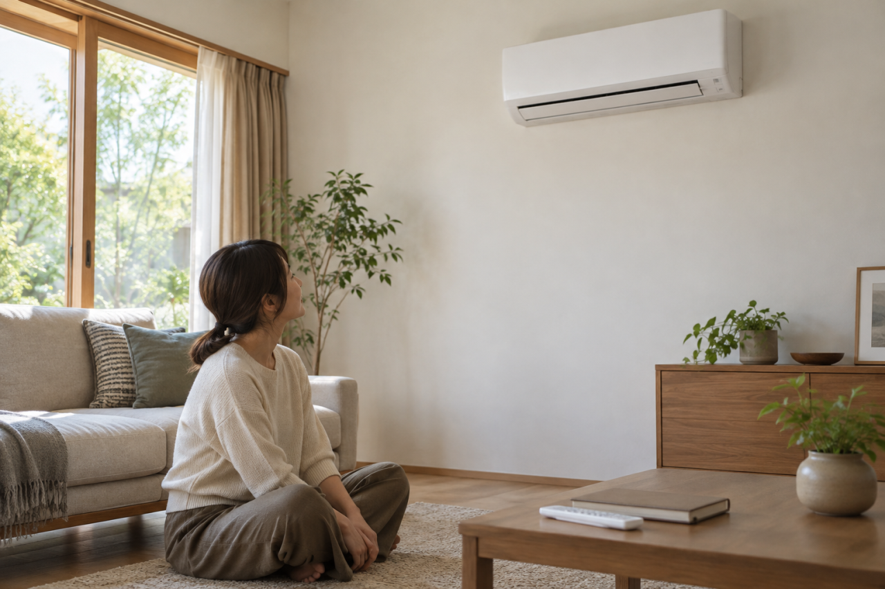 居間でエアコンの様子を確認する人