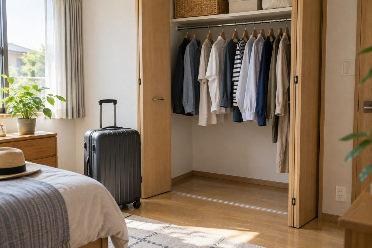 旅行前に収納を確認するため扉を開けたクローゼット