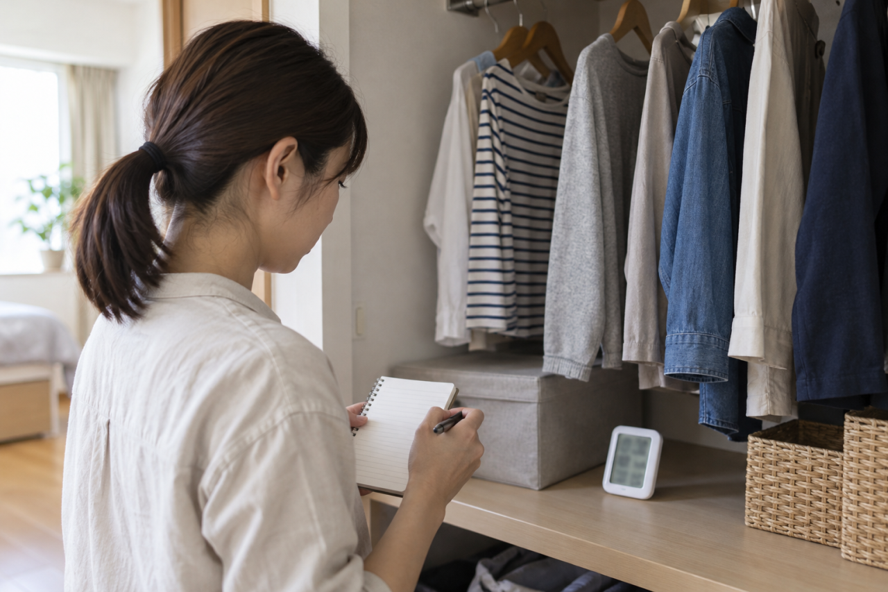 クローゼットの温湿度計と記録用のノート