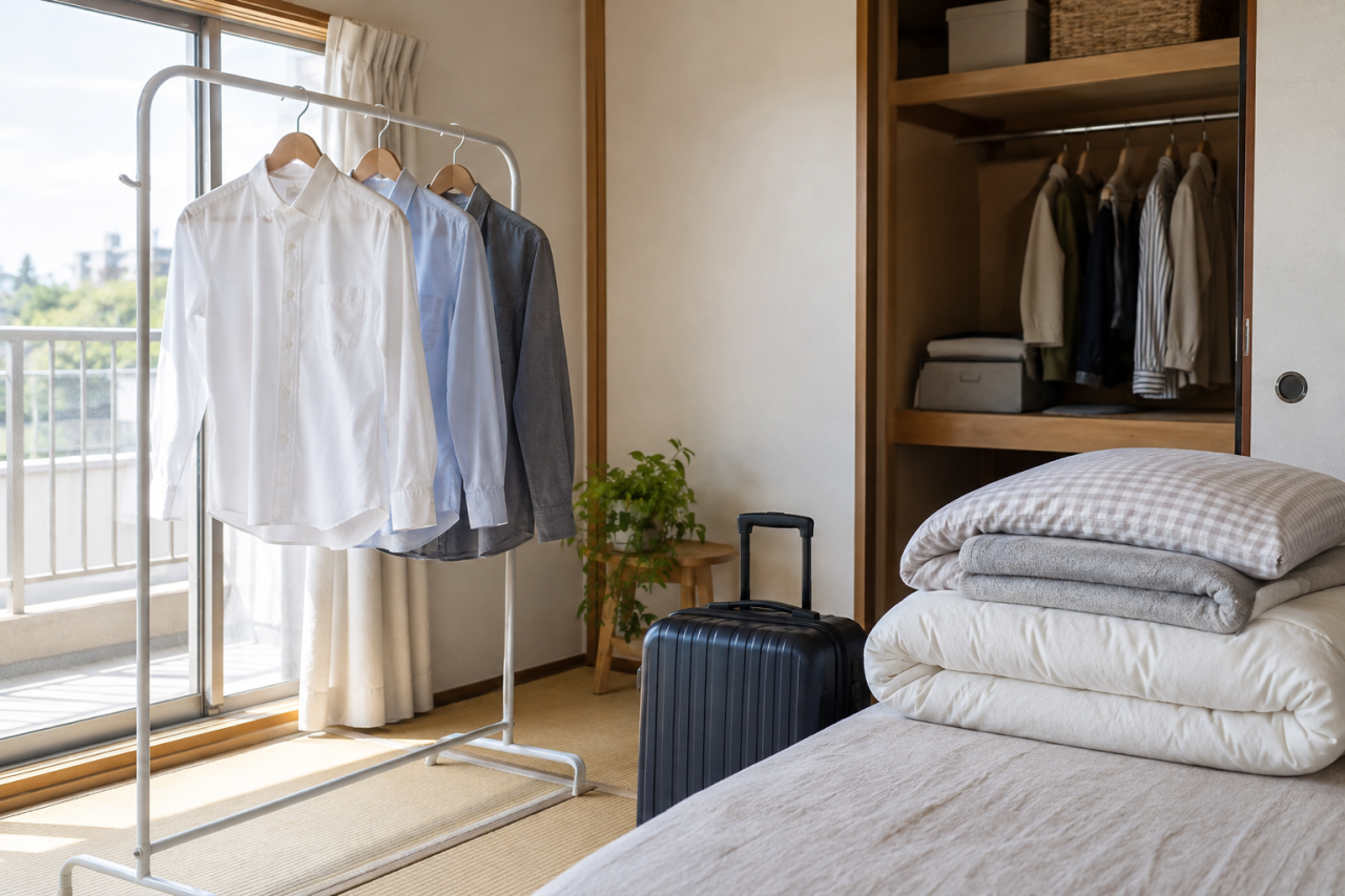 乾いた衣類を分けて掛け、旅行前の収納を整えた室内