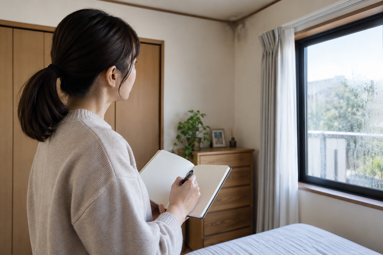 室内の変化をノートへ記録する人