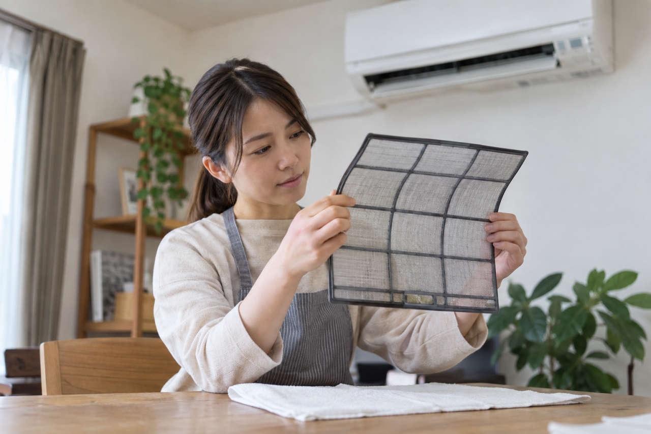取り外したエアコンのフィルターを確認する人