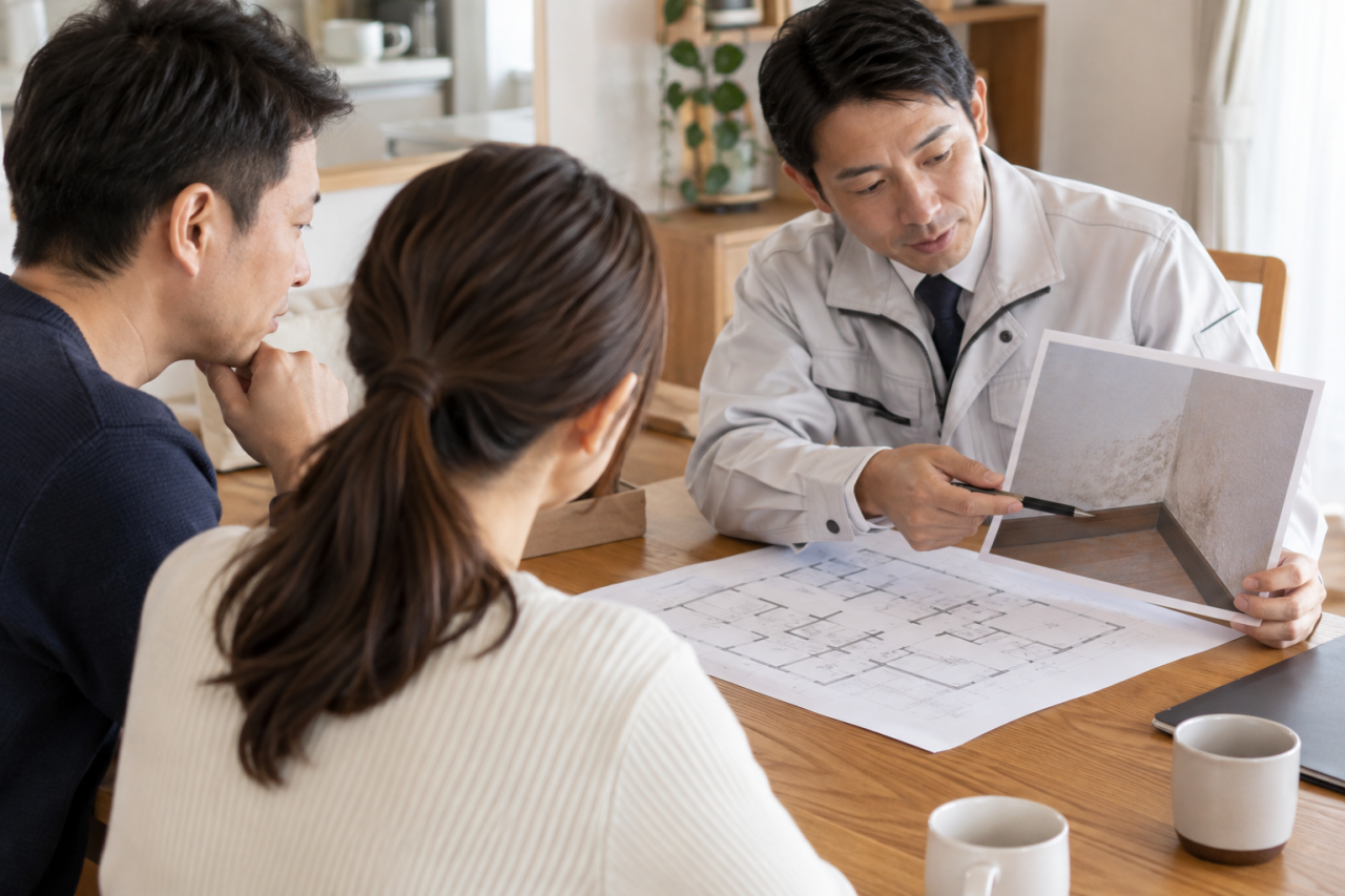 写真と間取りを見ながら相談する人