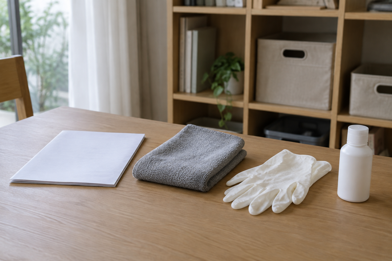 説明書と布と手袋を用意した家具の手入れ前の場面