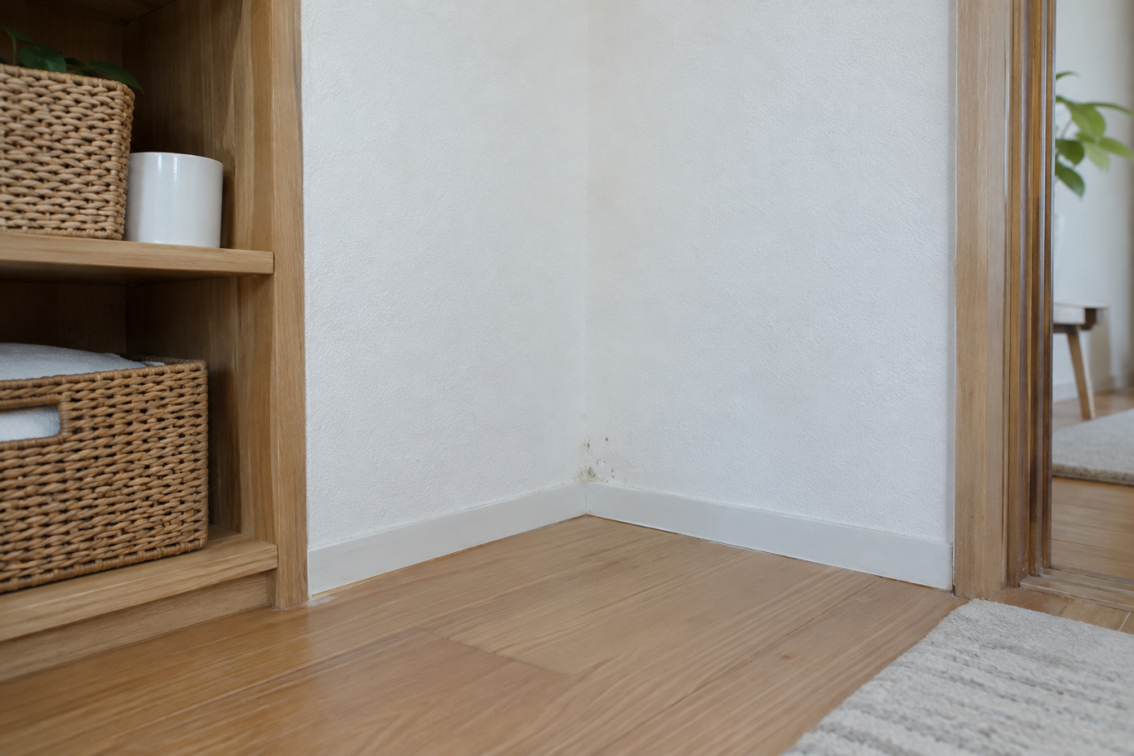 壁の角の青緑の点状汚れと周囲の収納を確認する居室