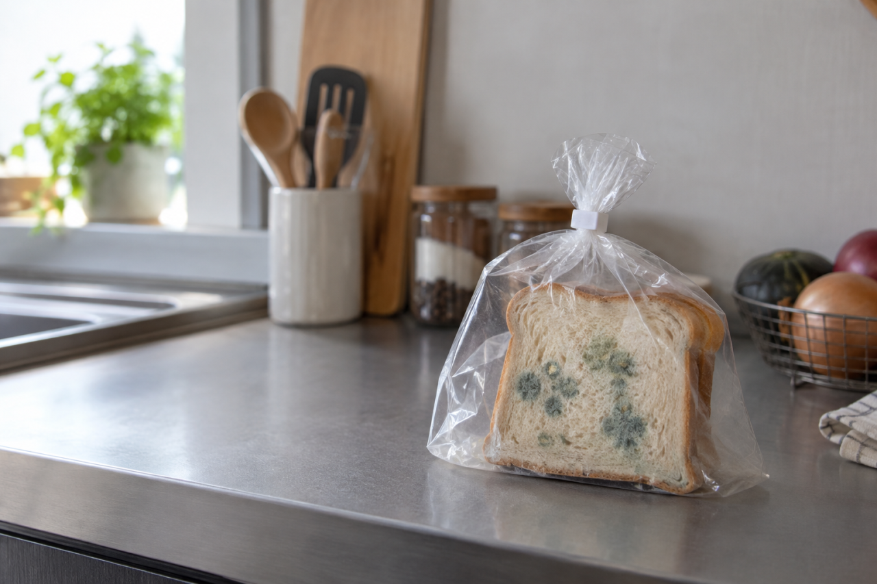 カビのある食パンを閉じた透明袋で隔てたキッチン