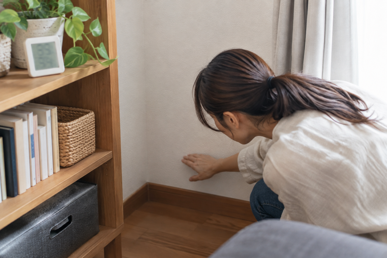 壁と家具の間を確認できる居室と温湿度計