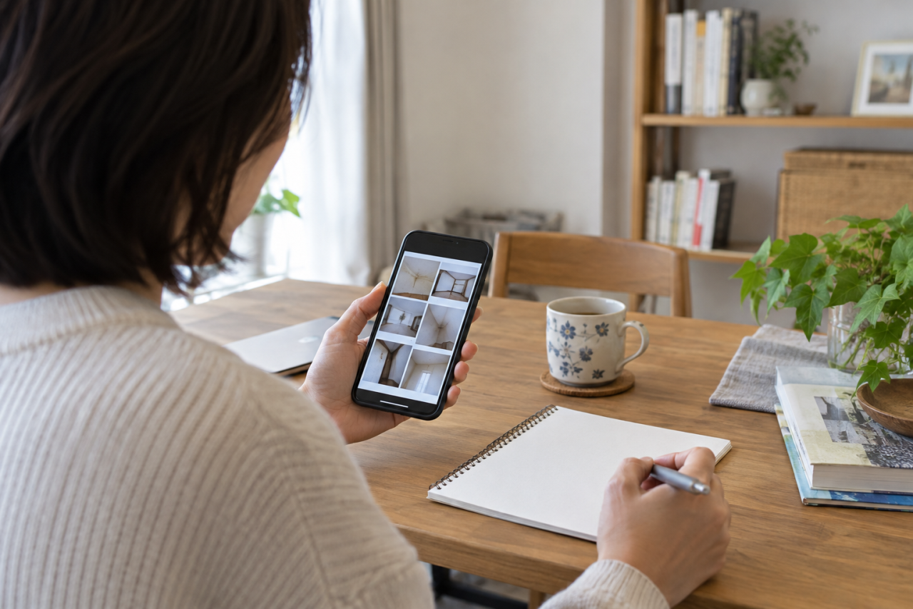 スマートフォンとメモで住まいのカビの相談を準備する場面